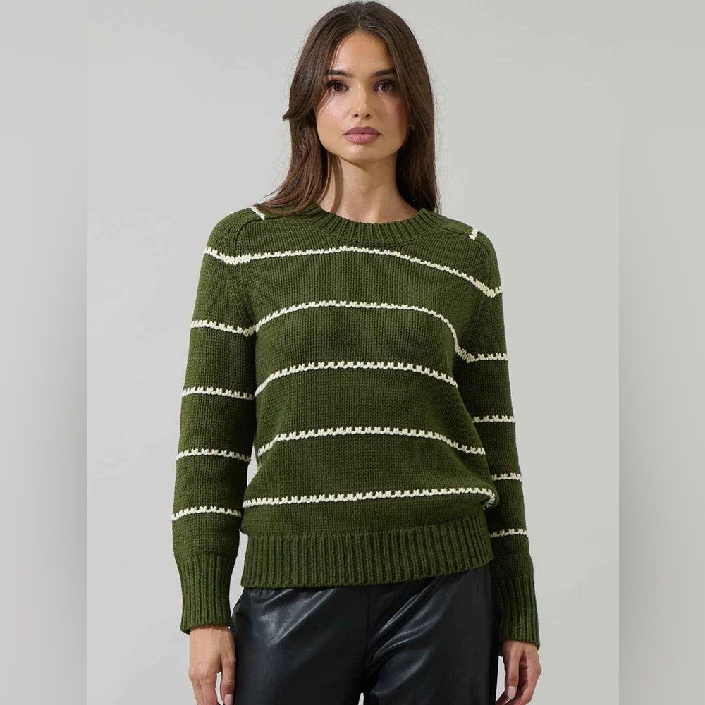 *BOUTIQUE* Olive Green Striped Women's Sweater - Slightly Cropped Fit